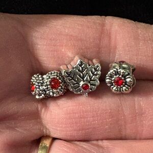 Charms- for bracelet (3) Silver Tone Red Ruby like stones, Red color Vintage